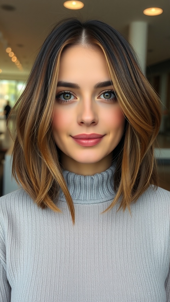 A woman with an A-Line bob hairstyle featuring subtle layers and soft highlights, wearing a light gray turtleneck.