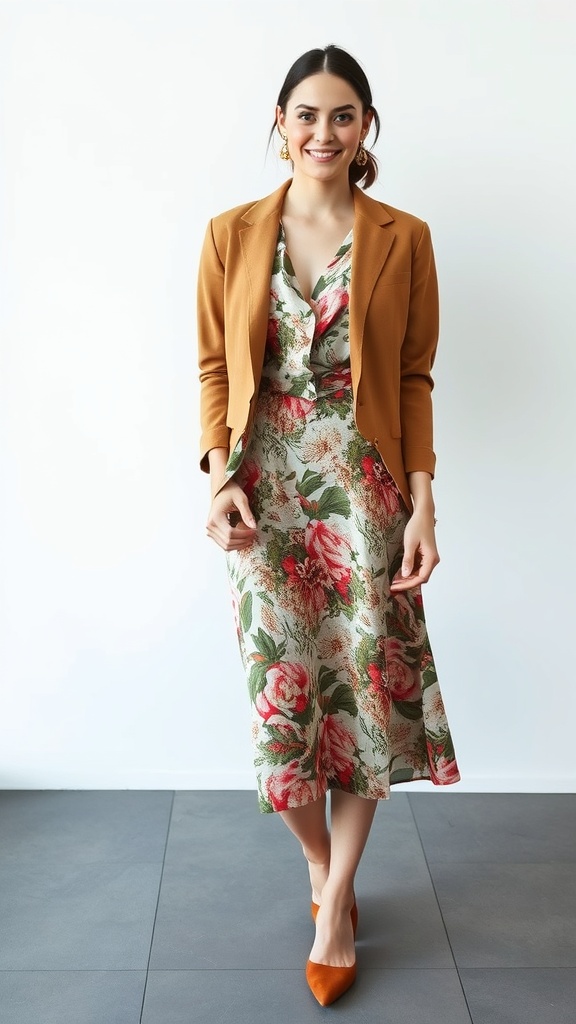 A woman wearing an A-line midi dress with floral print and a structured blazer, smiling.