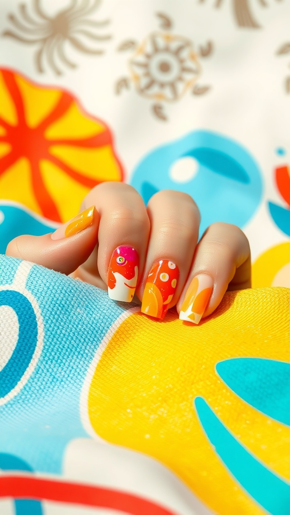 Colorful abstract art orange nails with playful designs on a bright background