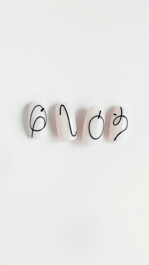 Nail art featuring abstract black line designs on a white background.