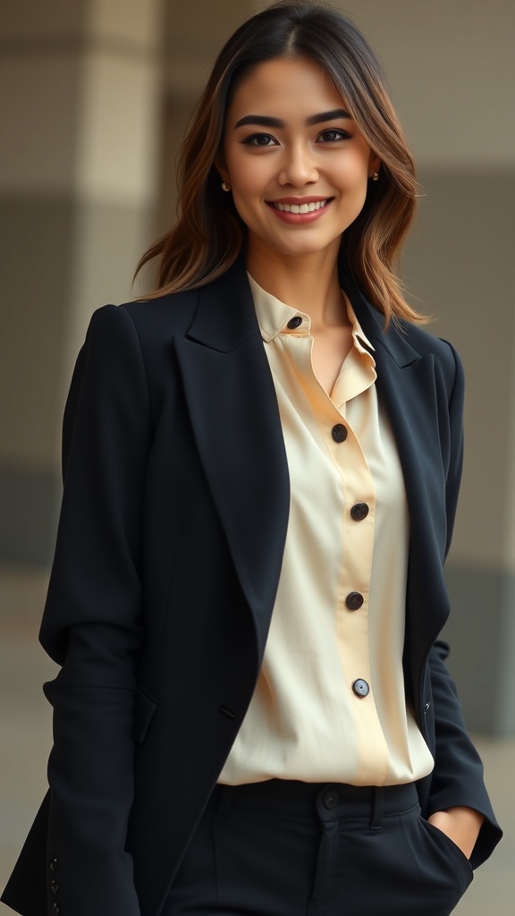 A woman wearing a black blazer over a light-colored blouse, smiling confidently.