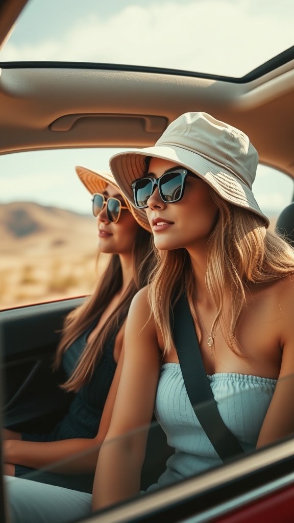 Person wearing a bucket hat and sunglasses, sitting in a car and looking out the window.