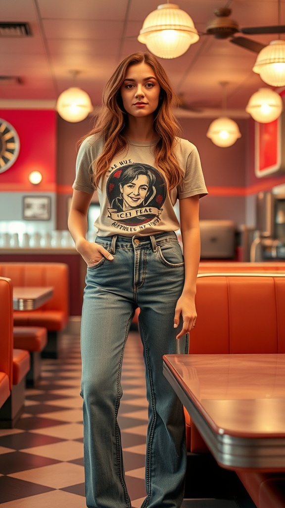 Model wearing acid wash jeans and a vintage tee in a retro diner setting.