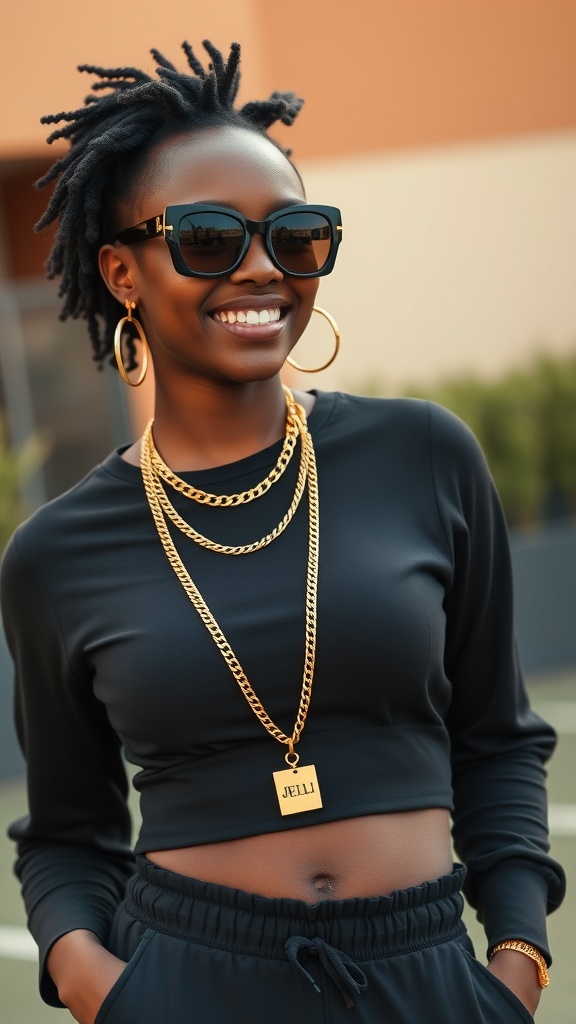 A smiling Black woman wearing an all-black outfit with gold accessories, including sunglasses and chains.