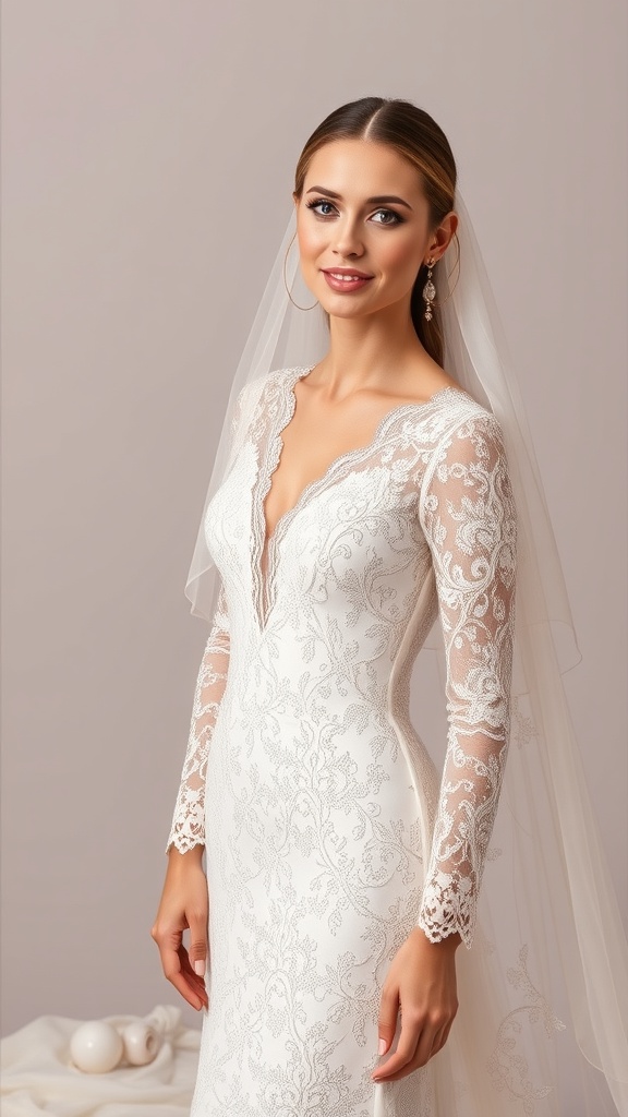 A bride wearing an all-lace sheath gown with long sleeves and a train, featuring a deep V-neckline and elegant lace detailing.