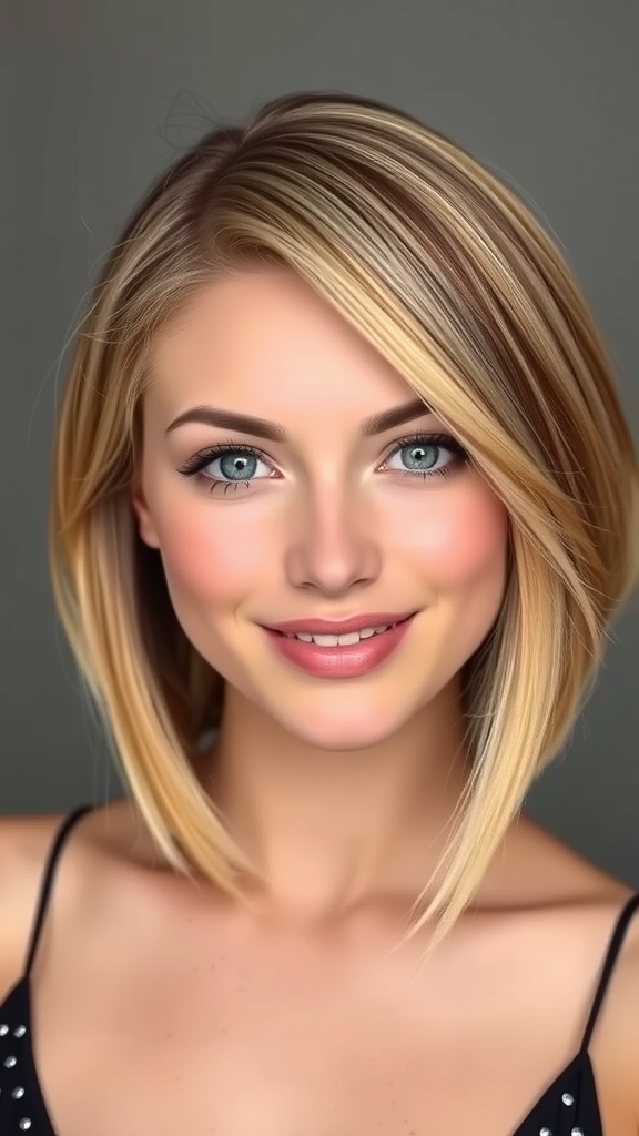 A woman with an angled bob hairstyle featuring blended caramel blonde hair with brown highlights.