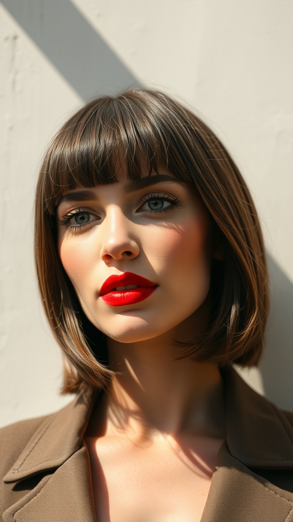 A woman with an angled sleek cut, featuring a straight bob and bold red lips, showcasing a polished look.
