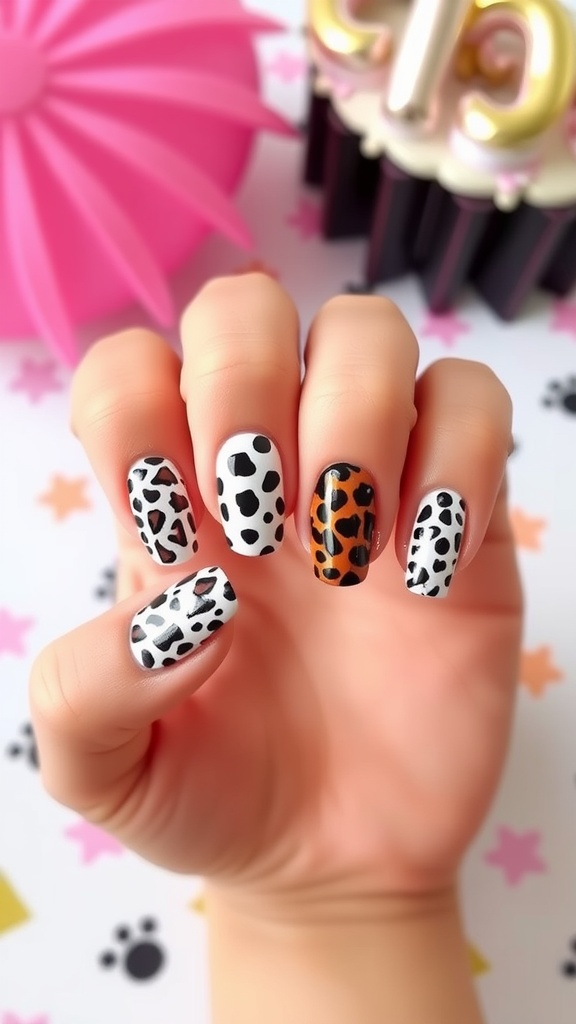 A hand with animal print birthday nails featuring leopard and cheetah patterns in black, orange, and white.