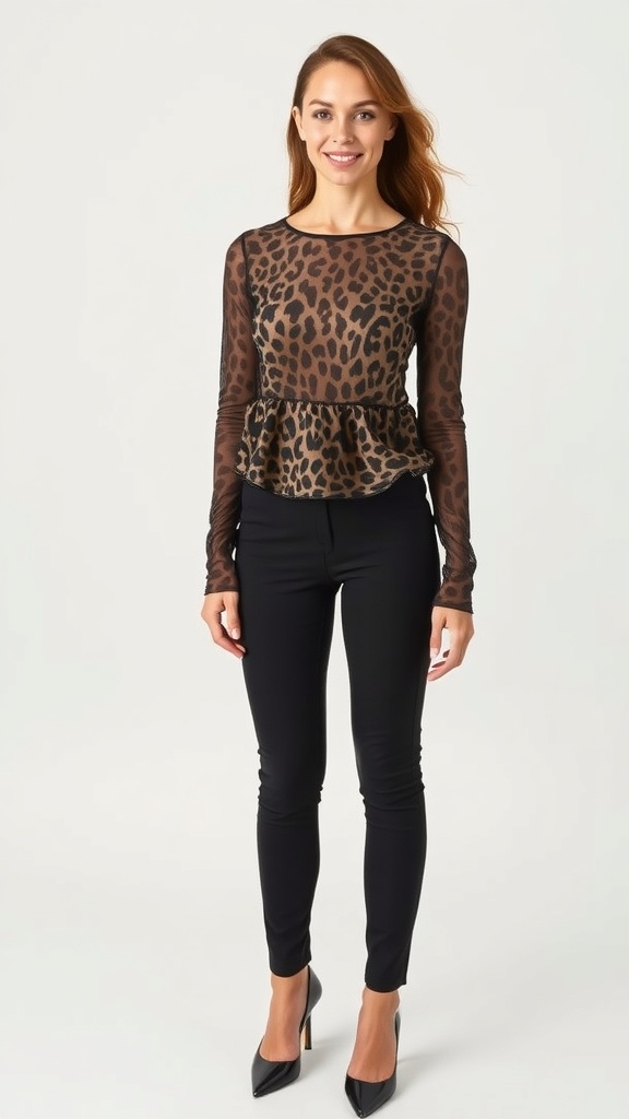 Woman wearing an animal print mesh long sleeve top with black trousers and heels.