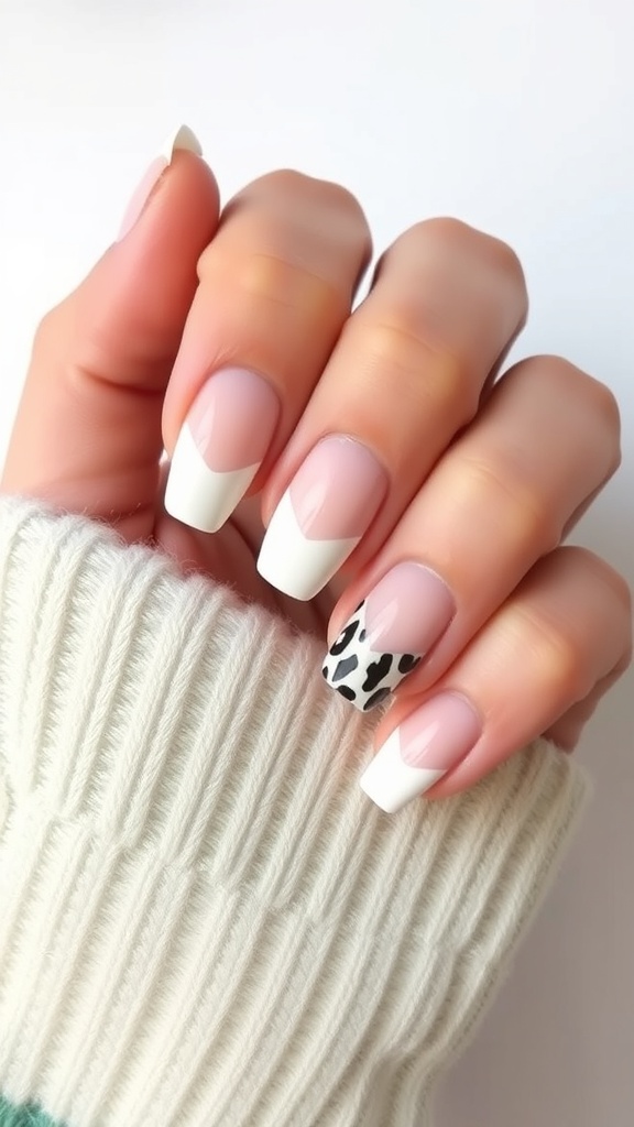 A hand showing off white French nails with animal print designs, set against an urban backdrop.