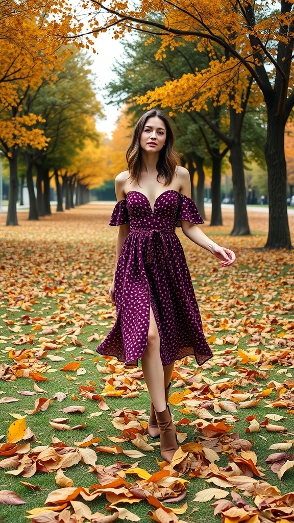 A woman in a purple off-shoulder midi dress and ankle boots walking through a park with autumn leaves.