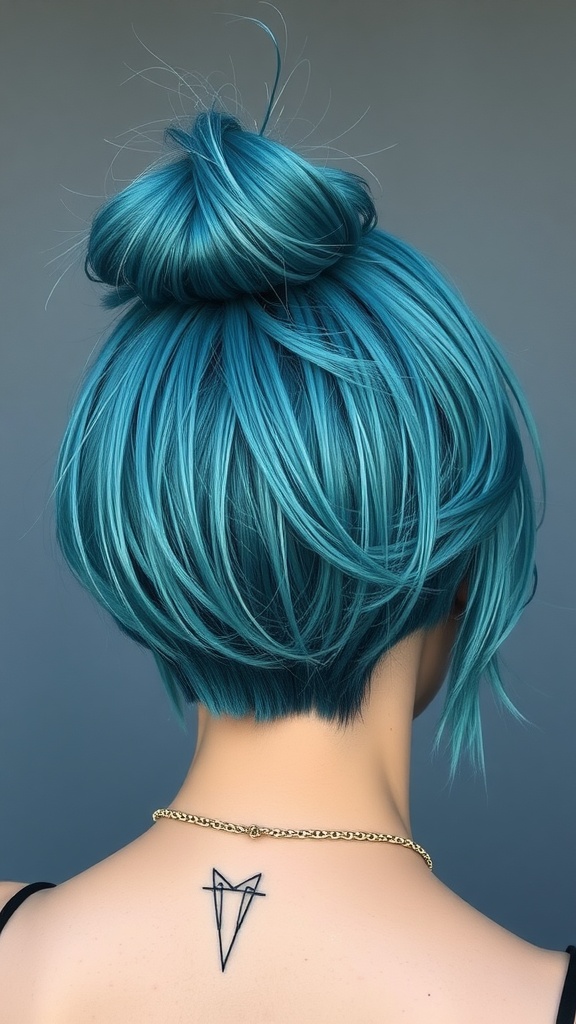 Aqua blue undercut hairstyle with a bun, showcasing vibrant hair color and a stylish look.