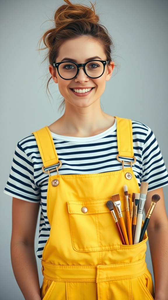 A smiling woman wearing yellow overalls and a striped shirt, with art supplies in her pocket.