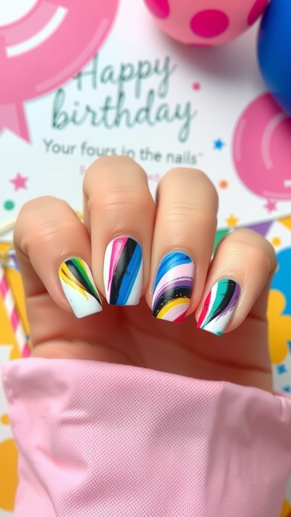 Colorful birthday nails with artistic brush strokes against a festive background