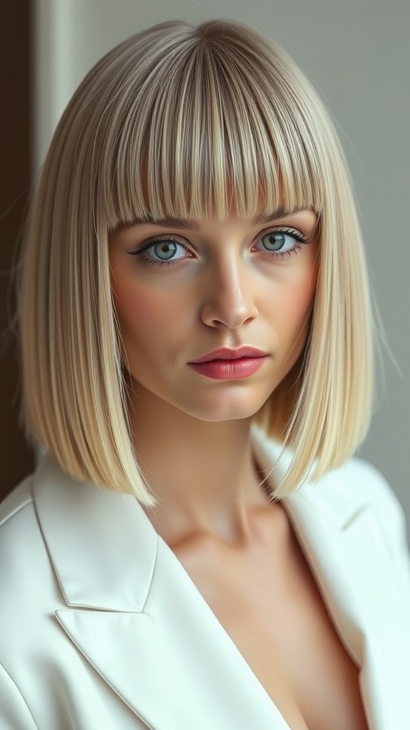 A woman with an ash blonde lob hairstyle featuring blunt ends, wearing a white blazer.
