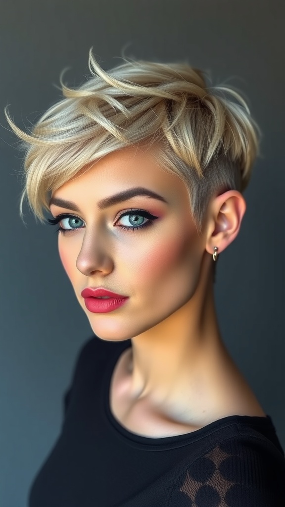 A stylish woman with an ash blonde pixie cut, showcasing a modern and chic hairstyle.
