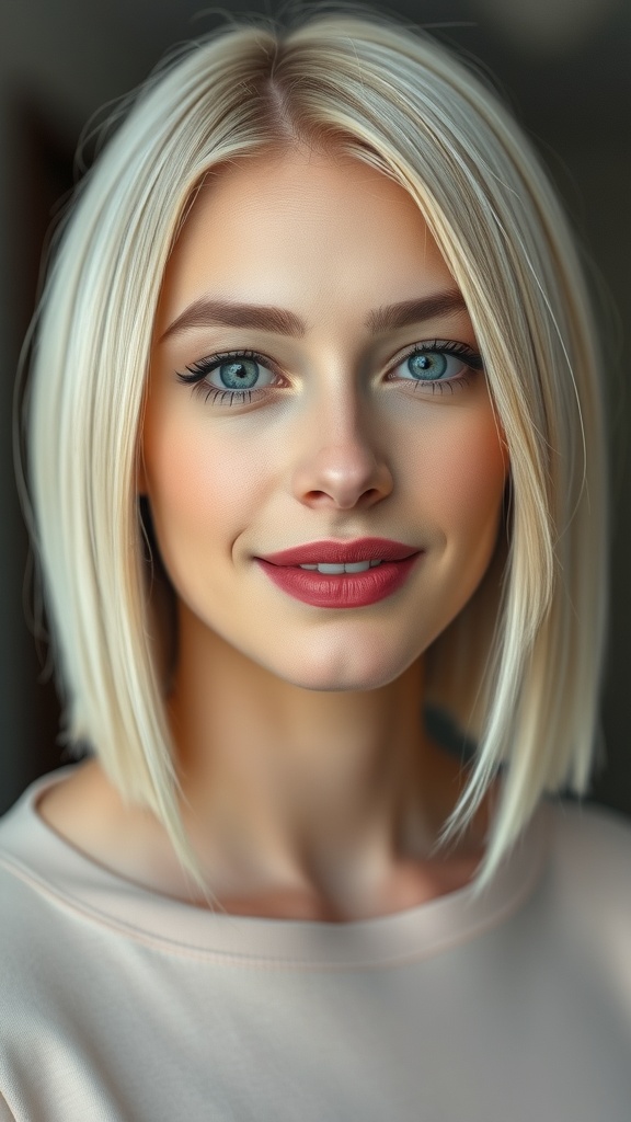 A woman with ash blonde straight lob hairstyle and blue eyes, smiling softly.