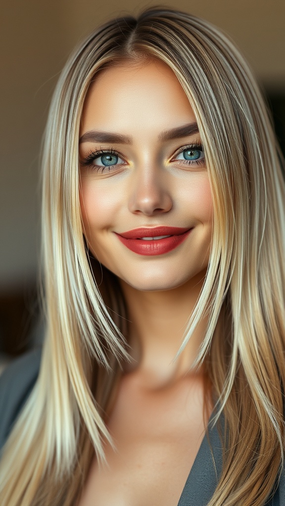 A woman with ash blonde hair featuring champagne shine, smiling warmly.
