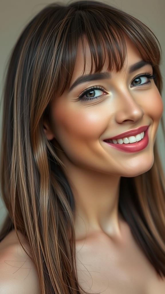 A woman with ash brown hair featuring plum tint, smiling and showcasing her vibrant hair color.