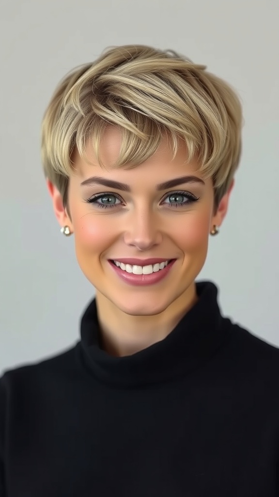 A woman with an ashy blonde pixie cut and a subtle root smudge, smiling confidently.