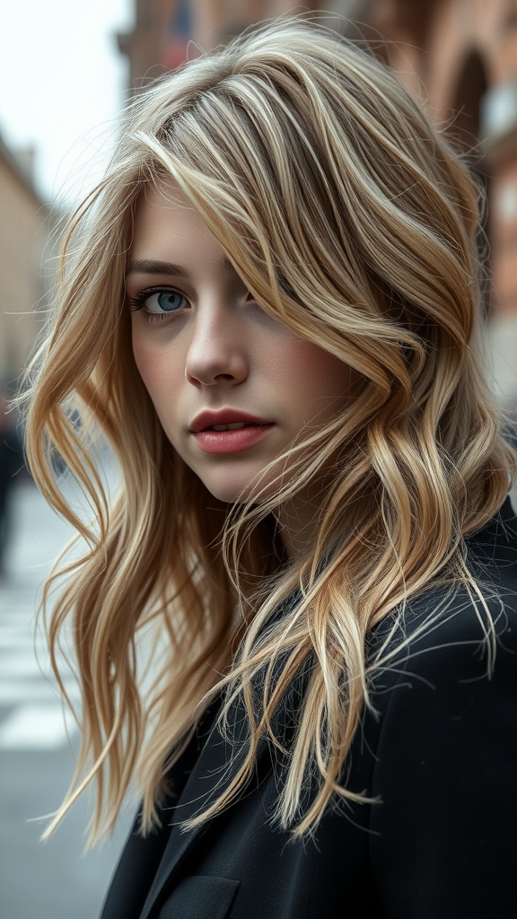 A young woman with ashy blonde waves and a textured finish, looking stylish in a black coat.