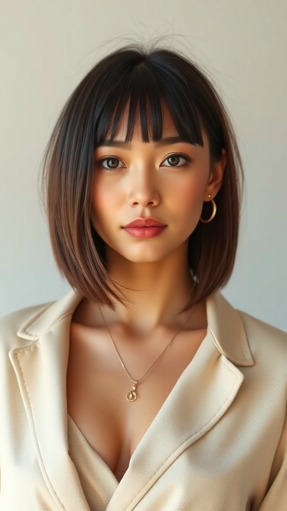 A woman with sleek, straight asymmetrical bob hairstyle, wearing a beige outfit and a delicate necklace.