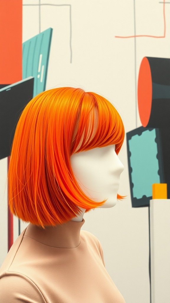 Asymmetrical bob haircut in vibrant orange color on a mannequin against a colorful background.