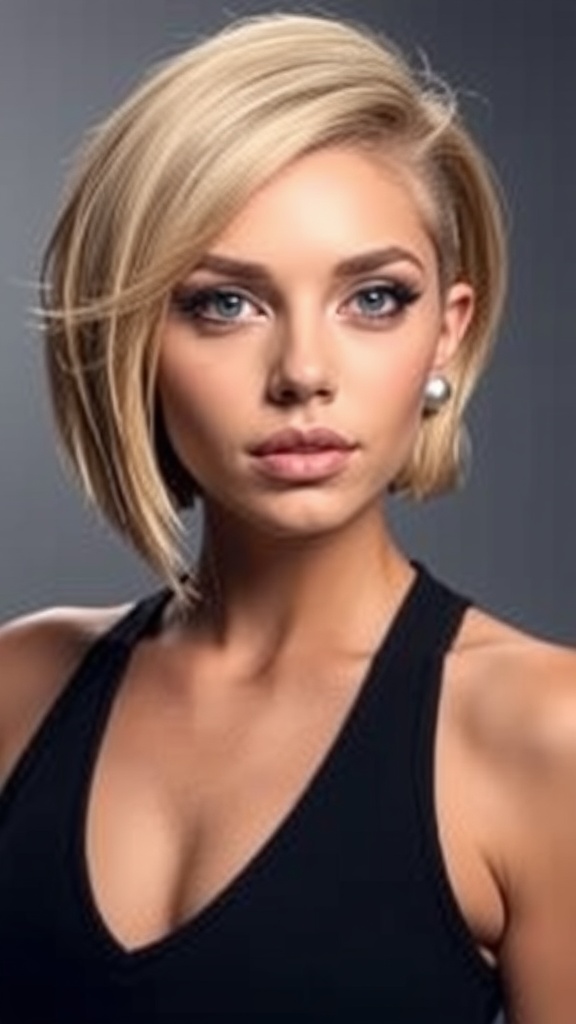 A woman with an asymmetrical bob hairstyle featuring a shaved side, showcasing a modern Viking-inspired look.