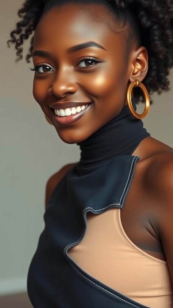 A smiling Black woman wearing an asymmetrical denim skirt and a stylish bodysuit.