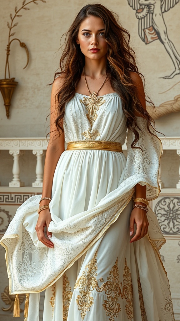 A person wearing an asymmetrical hem dress with a flowing cape, standing on a rocky ledge overlooking a scenic landscape.