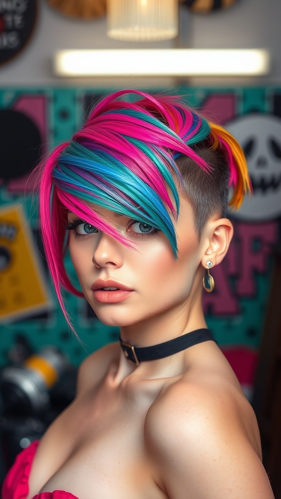 A woman with asymmetrical layered hair in bright pink and blue colors, showcasing a bold and edgy style.