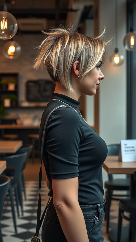 A woman with an asymmetrical wolfcut hairstyle featuring bold highlights, standing in a stylish cafe.