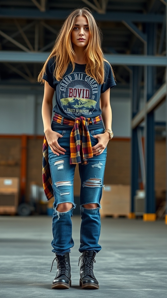 Model in a sporty outfit featuring baggy jeans and a crop top, showcasing an athleisure style.