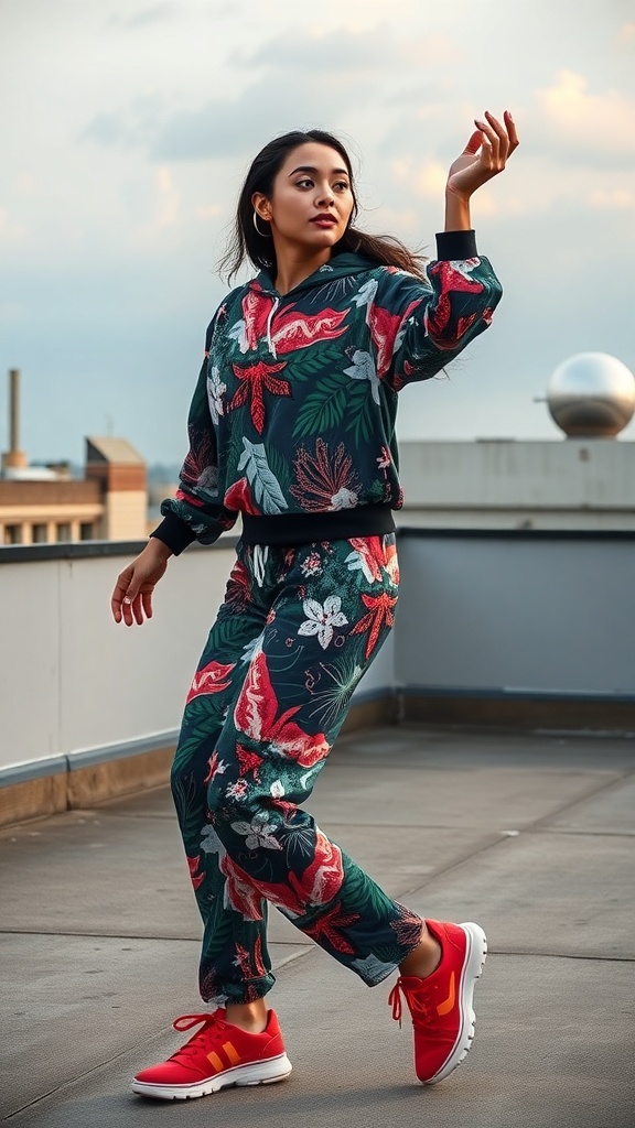 A woman wearing a floral patterned athleisure set with red sneakers, striking a dance pose on a rooftop.