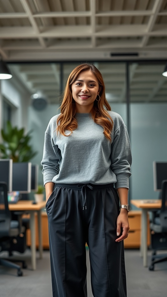 A woman wearing a light gray athleisure top and black culottes in a modern office setting.