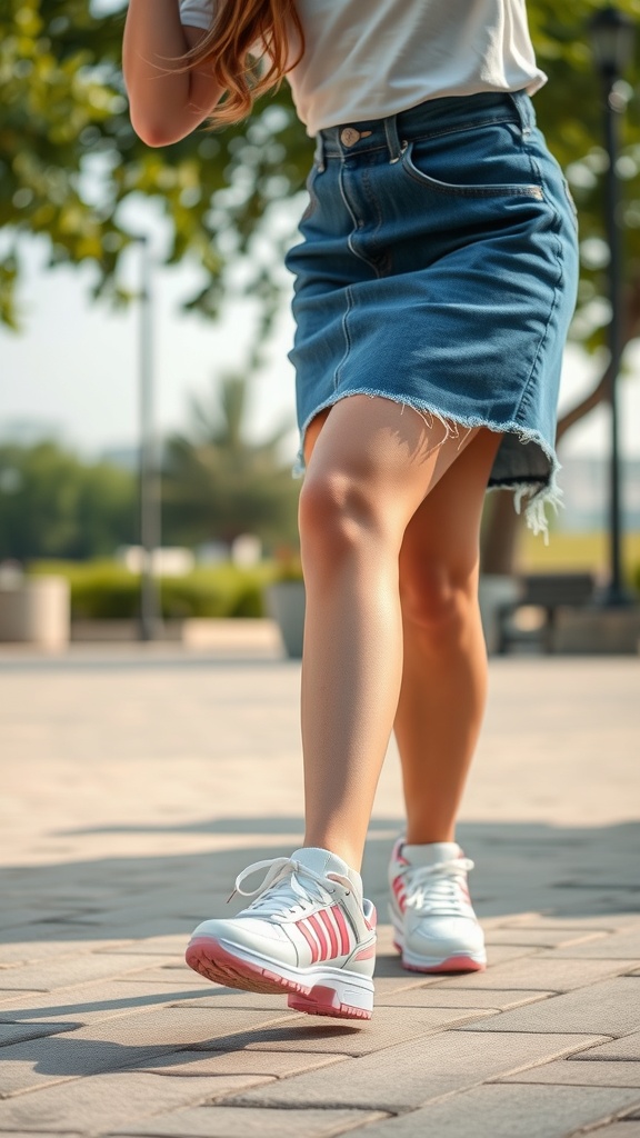 A woman wearing a denim skirt and athletic sneakers, showcasing a trendy hiphop style.