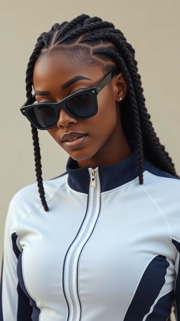 A Black woman wearing an athletic zip-front one-piece swimsuit and sunglasses.
