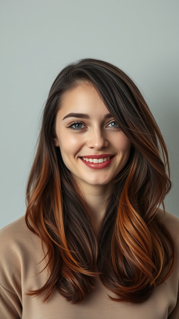A woman with auburn balayage on a dark red base, smiling against a light background.