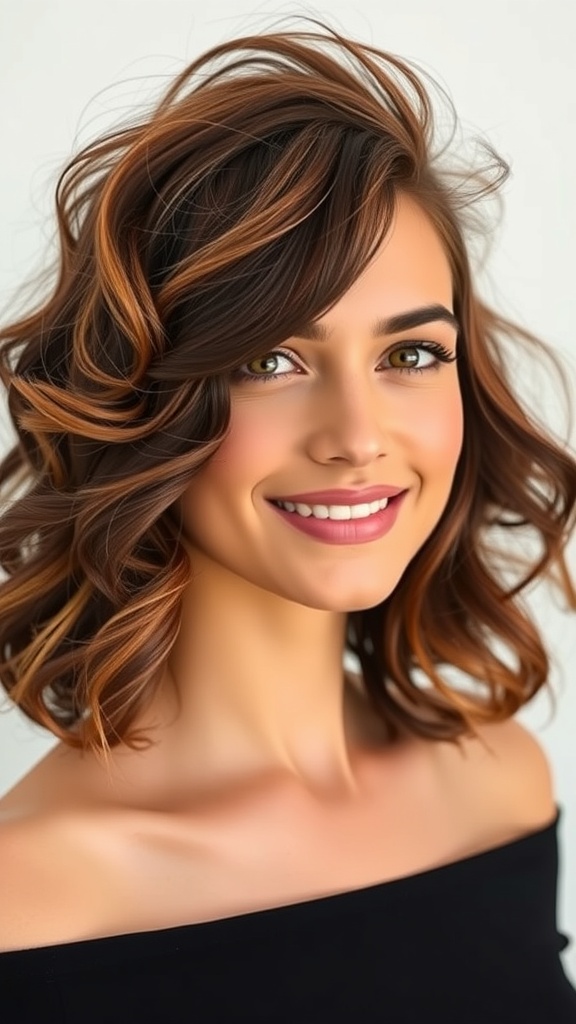 A woman with a curly lob hairstyle featuring an auburn brunette gradient, smiling at the camera.