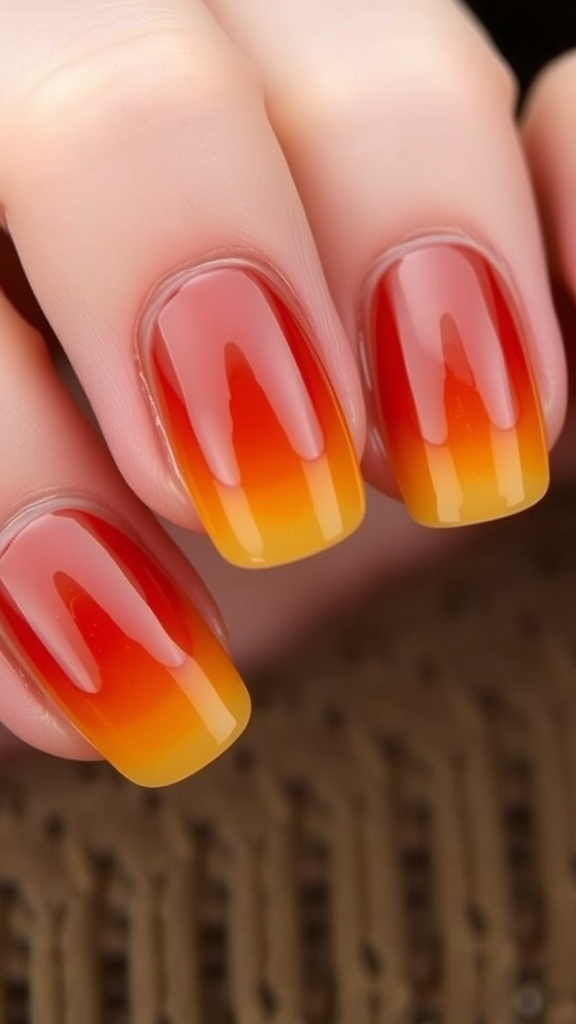 Nails with an autumn gradient design featuring red, orange, and yellow colors.