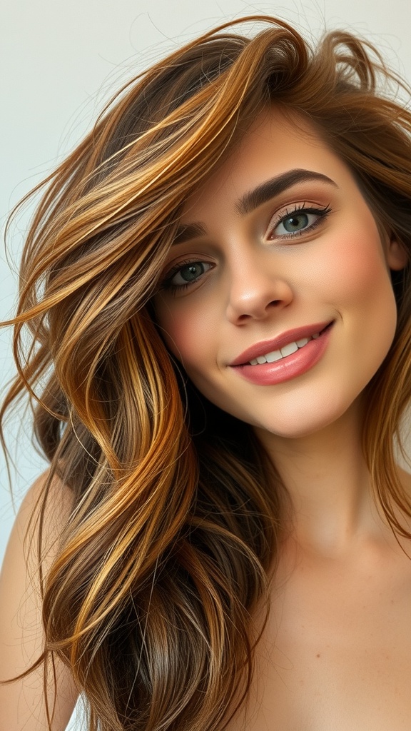 A woman with warm cinnamon balayage hair, showcasing an autumn root smudge blend.