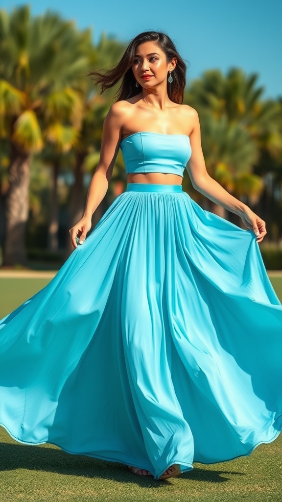 A woman in an azure maxi skirt and crop top, enjoying a sunny day outdoors.