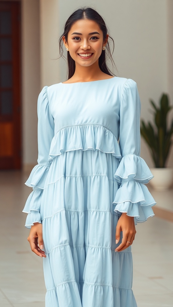 A woman wearing a baby blue long sleeve dress with tiered layers, smiling in a bright indoor setting.