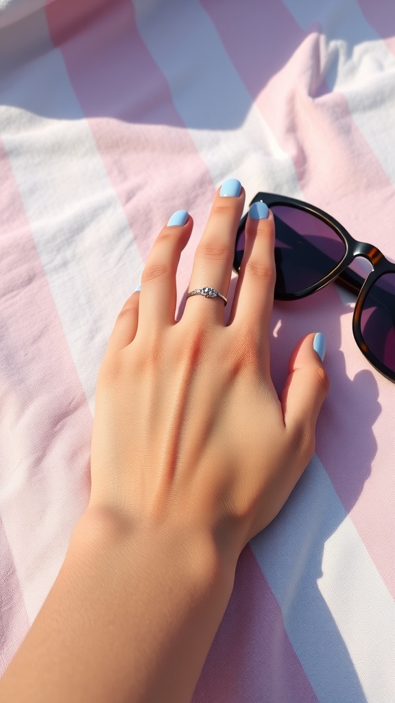 A hand with baby blue matte nails resting on a pink and white striped fabric with sunglasses nearby.