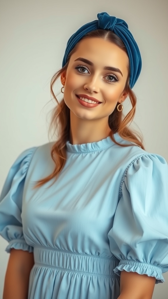 A woman wearing a baby blue smock dress and a matching headband, smiling at the camera.