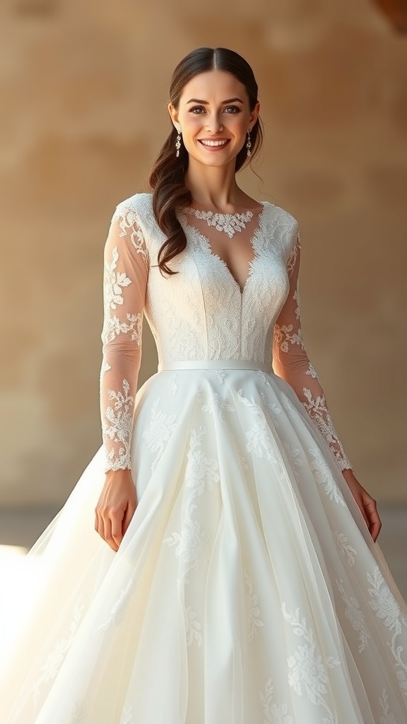 A bride wearing a lace long sleeve wedding dress with a dramatic train, smiling elegantly.