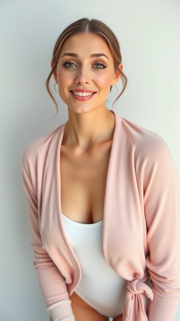 A model wearing a soft pink wrap cardigan over a white bodysuit, complemented by leg warmers, embodying the balletcore aesthetic.