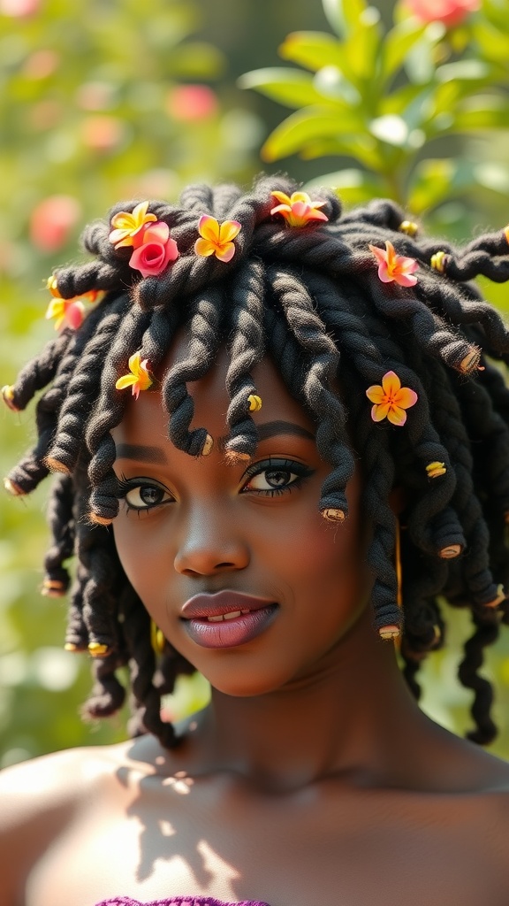 A young woman with Bantu knots decorated with colorful flowers, showcasing a natural hairstyle.