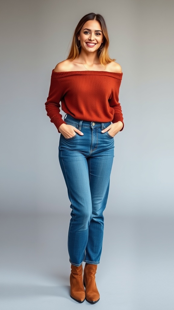 A woman wearing an off-the-shoulder rust-colored sweater with high-waisted jeans and brown ankle boots, smiling confidently.