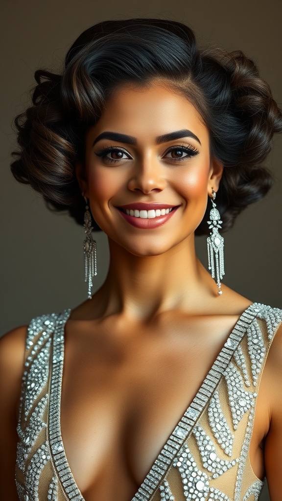 A woman with barrel curls and a crown bump hairstyle, wearing a sparkling dress and earrings, smiling confidently.